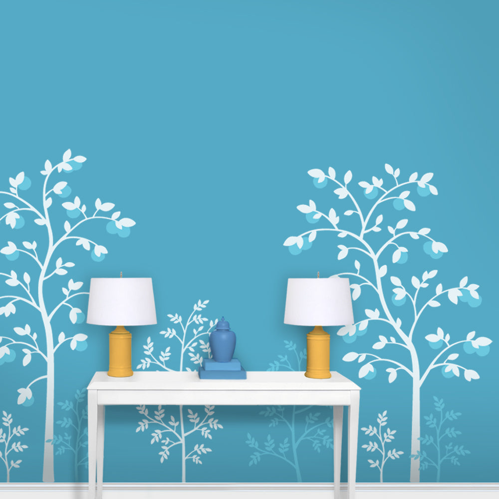 Chinoiserie Fruit Tree Wallpaper Turquoise Entryway